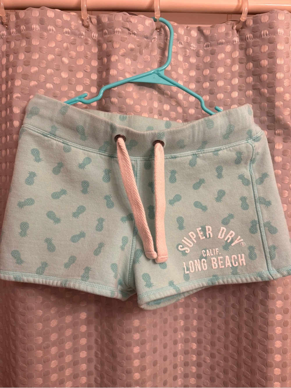 Superdry Aqua Pineapple Print Girls' Lounge Shorts with Pink Drawstring
